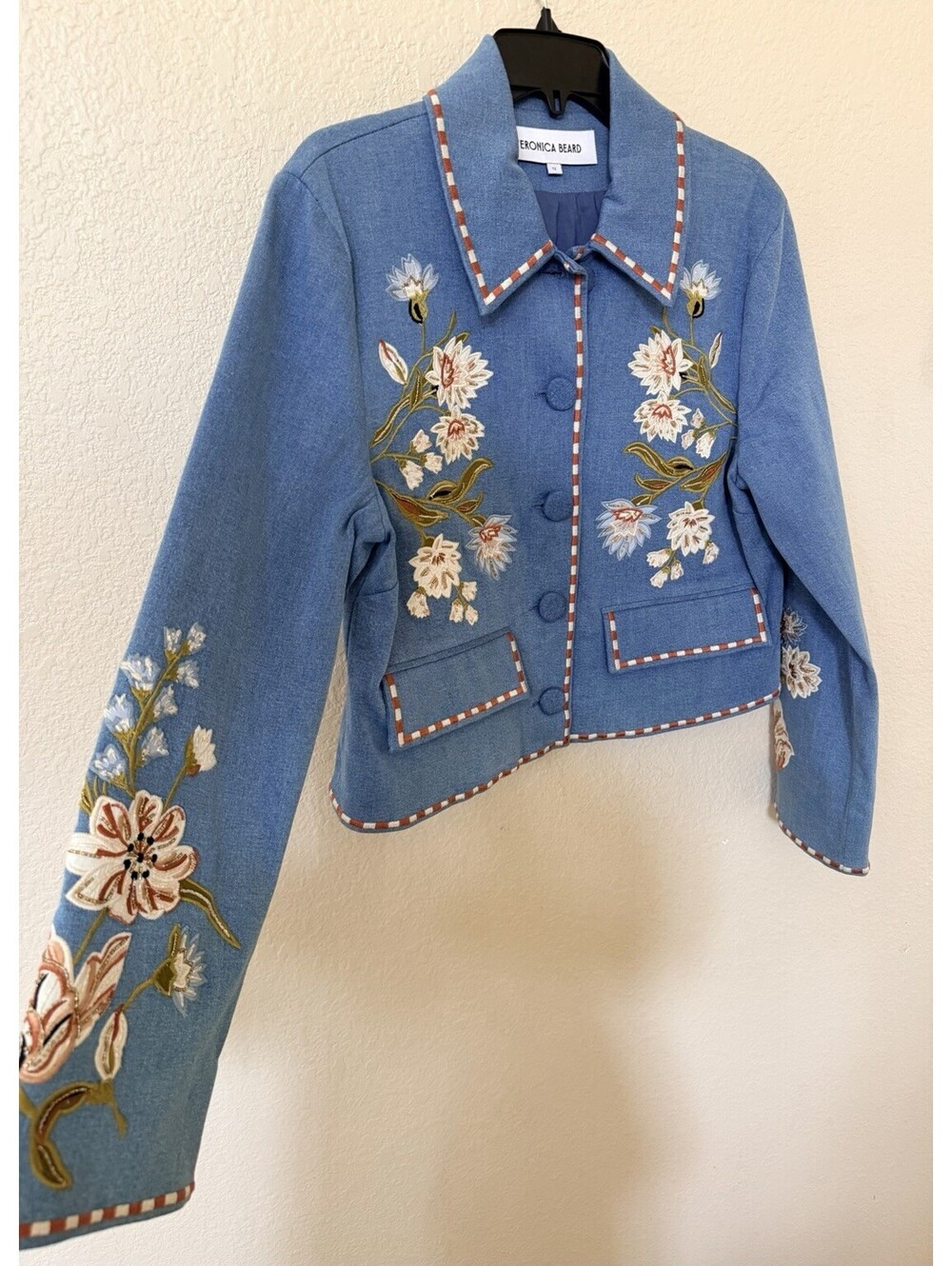 Veronica Beard Vikaria Floral Embroidery Stretch Cotton Jacket Jean Size 12 $898 - Picture 8 of 15